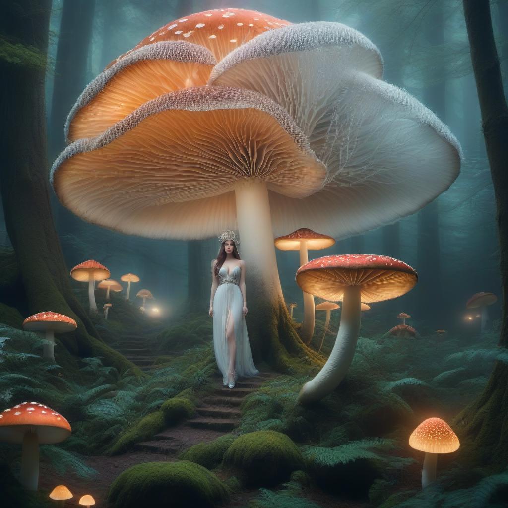  A mystical forest filled with ethereal creatures, glowing mushrooms and a gentle mist covering the trees. hyperrealistic, full body, detailed clothing, highly detailed, cinematic lighting, stunningly beautiful, intricate, sharp focus, f/1. 8, 85mm, (centered image composition), (professionally color graded), ((bright soft diffused light)), volumetric fog, trending on instagram, trending on tumblr, HDR 4K, 8K