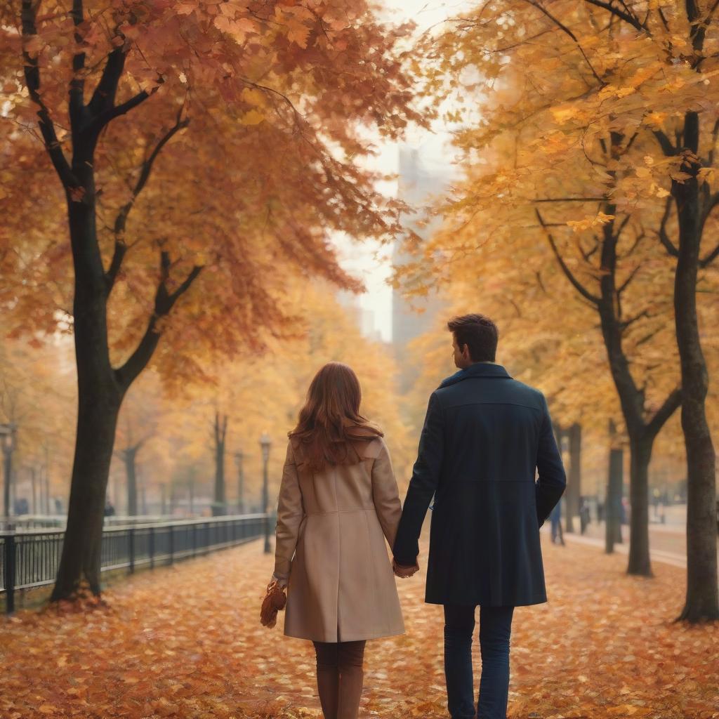  back view of a couple walking in the park　holding hands　they are staring at each other　fallen leaves are fluttering　autumn scenery　autumn leaves