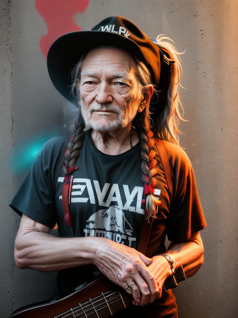  Singer Willie Nelson, medium shot, upper body, spotlight, long exposure lighting, street art style spray paint, glamour lighting