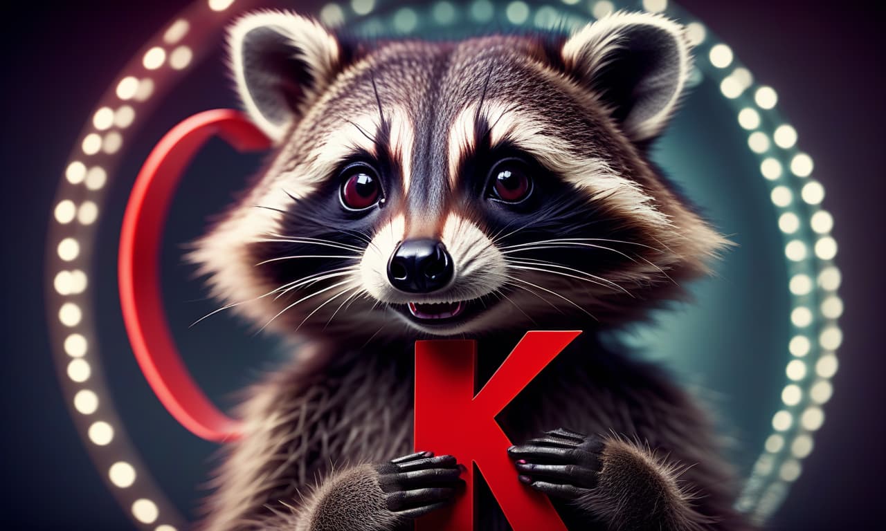  cinematic film still a cute raccoon holds a red letter k around neon circles . shallow depth of field, vignette, highly detailed, high budget, bokeh, cinemascope, moody, epic, gorgeous, film grain, grainy