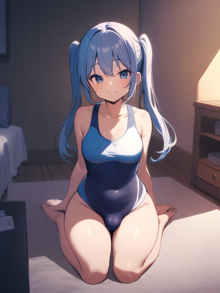   swimwear, twin tails, cute smiles, s with (male), whole body, male bulge, swelling, swelling, in the room,