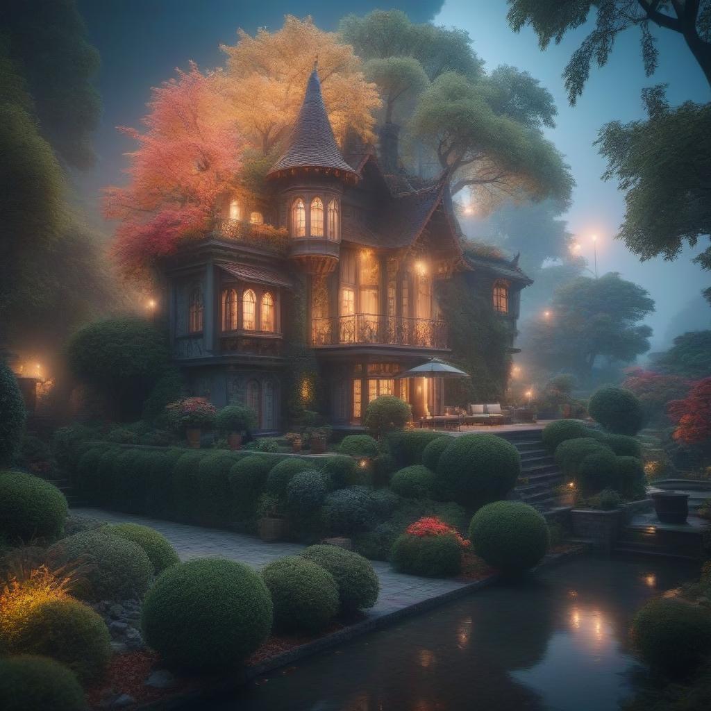  Fantastic house hyperrealistic, full body, detailed clothing, highly detailed, cinematic lighting, stunningly beautiful, intricate, sharp focus, f/1. 8, 85mm, (centered image composition), (professionally color graded), ((bright soft diffused light)), volumetric fog, trending on instagram, trending on tumblr, HDR 4K, 8K