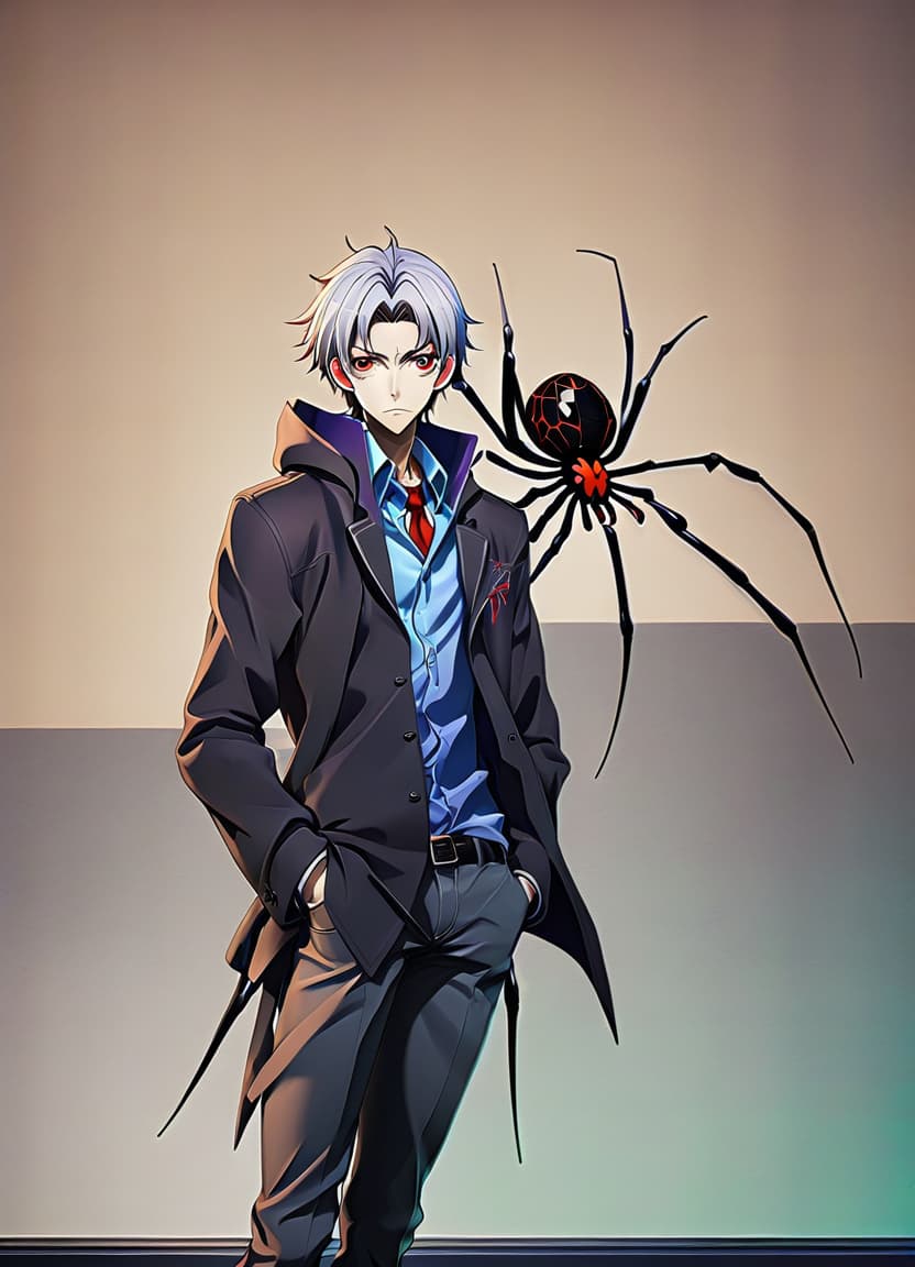  anime artwork make him a man with the lower half of a spider's body . anime style, key visual, vibrant, studio anime, highly detailed