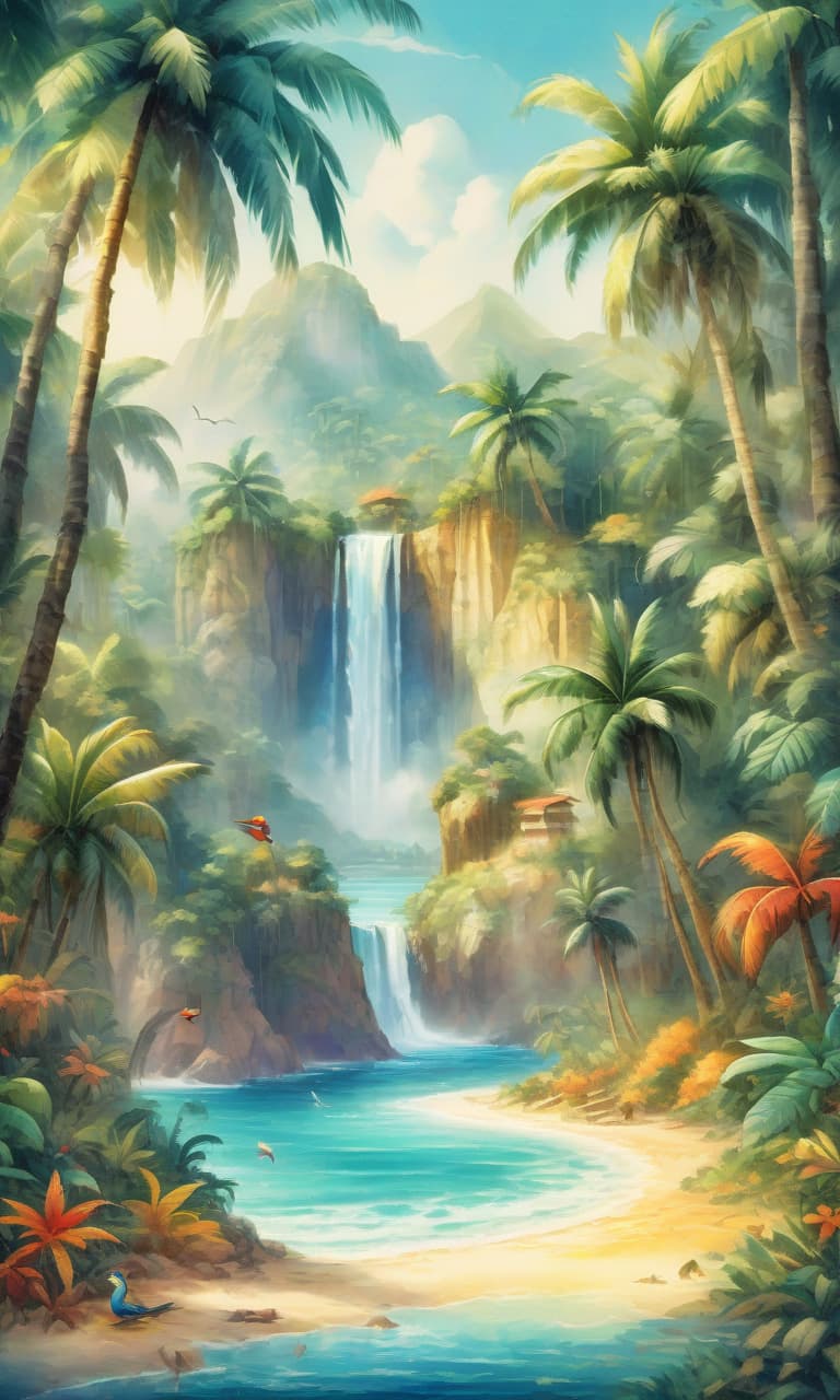  retro game art picturesque landscape, dense impenetrable jungle with a waterfall next to a beautiful beach with palm trees, colorful birds and wonderful sunny weather, art watercolor . 16 bit, vibrant colors, pixelated, nostalgic, charming, fun