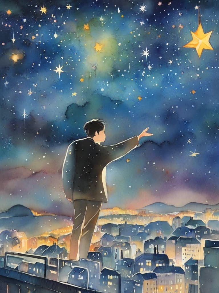  top of the penthouse, the night sky is vast, the stars are shining. in the image, a man is on the roof, reaching out his hand as if he could touch the stars. the view depicts the distance between his finger and the star, as if he could reach out and make you feel so close. the stars in the night sky are a reflection of human beings, full of dreams。