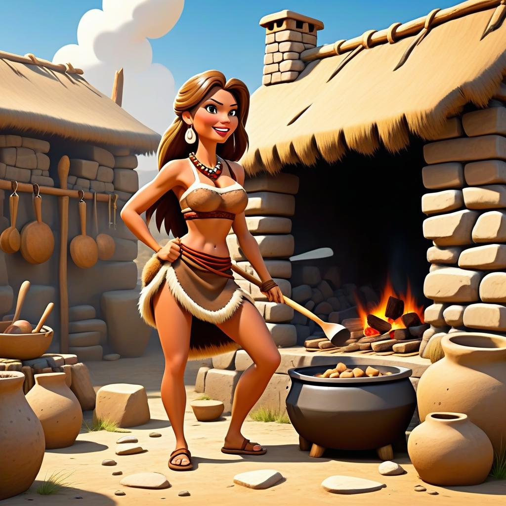  (cartoon style:1.5), masterpiece, best quality, stone age woman in a dirty fur skirt and a dirty fur vest cooking in ceramic pot in a stone oven, outdoor, at full heigh body, with brovn hair, slender, slim waist, long loincloth, tanned skin, at full heigh body, action pose, full heigh body, against the backdrop of a stone age village, (swift and agile movements:1.2), intense, (determined expression:0.9), cartoon style, cute, modernism,