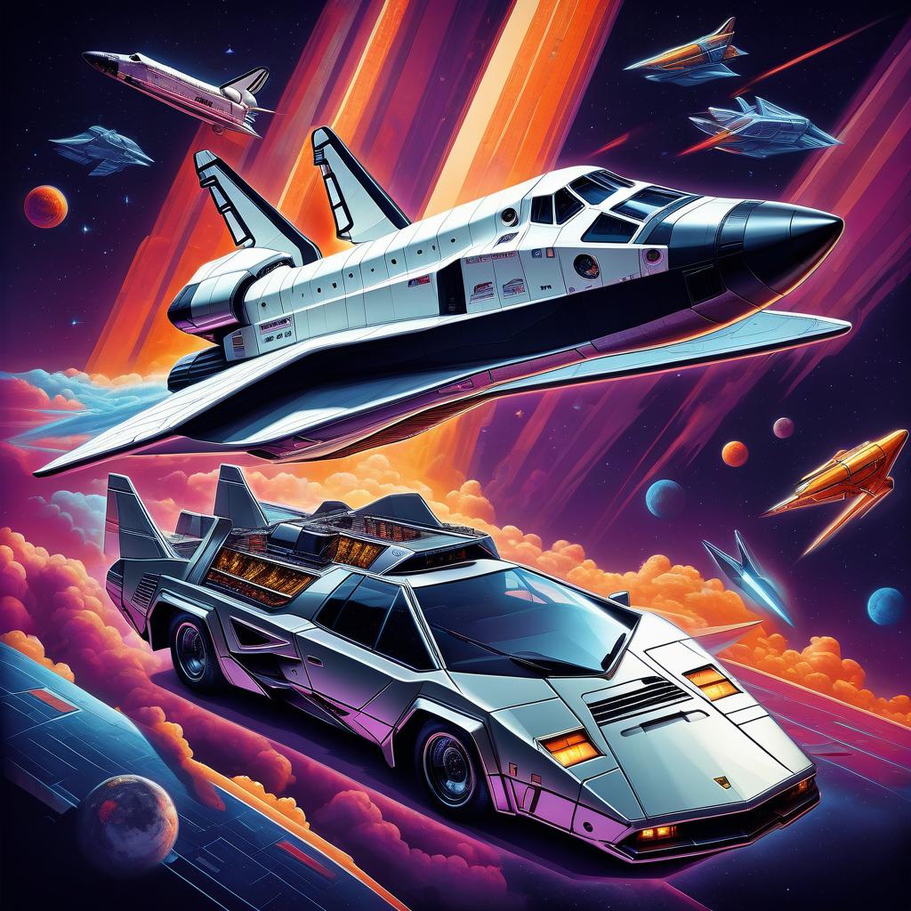  retro game art the space shuttle looks like a lamborghini countach, silver color, in the styles of futurism, dieselpunk and steampunk. . 16 bit, vibrant colors, pixelated, nostalgic, charming, fun