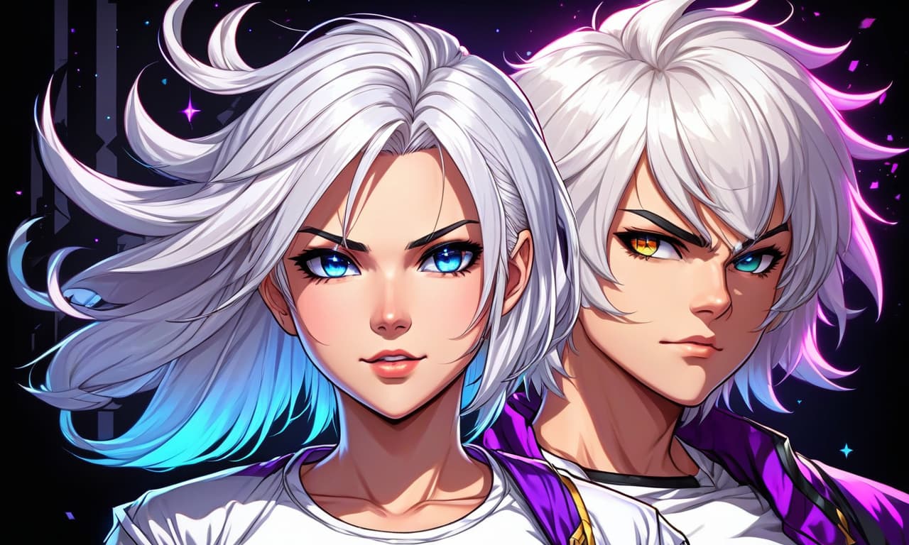  retro game art portrait , beautiful anime girl, with white hair, beautiful eyes, tight t shirt , short haircut , dark background . 16 bit, vibrant colors, pixelated, nostalgic, charming, fun