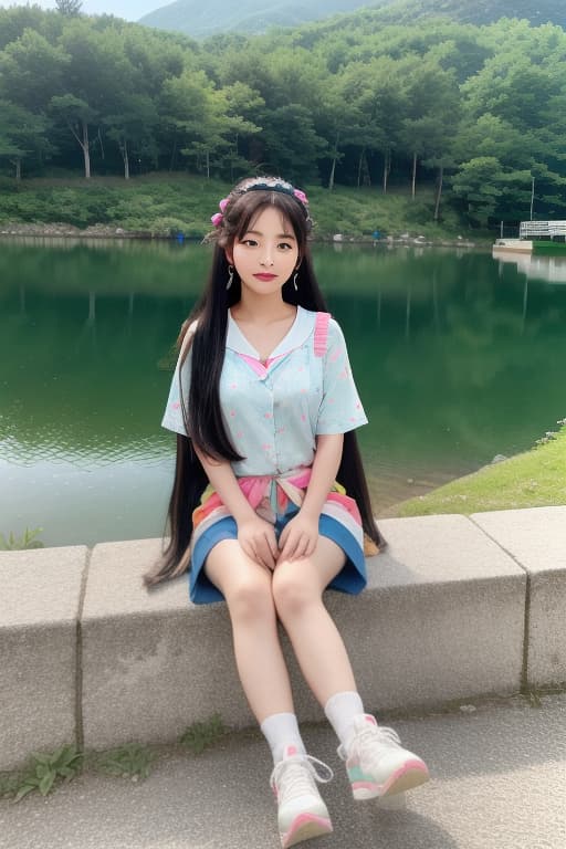  **a full body portrait of a korean girl with long hair and colorful clips, sitting by a serene lake, her expression peaceful as she enjoys the natural beauty, advertising photo,high quality, good proportion, masterpiece , the image is captured with an 8k camera