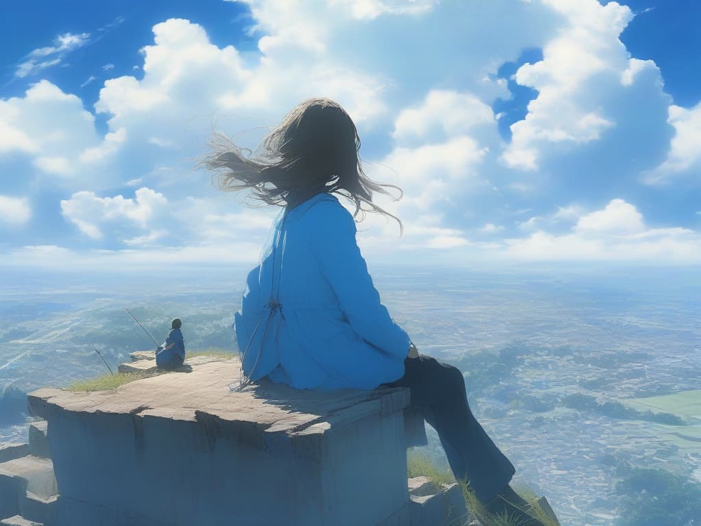  blue sky, wind, high place, one girl, sitting, wide sky