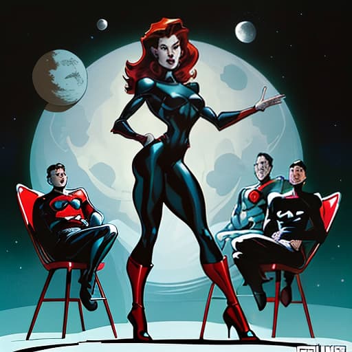  3 red chairs in zero gravity hovering on the moon, there shouldn't be people in the picture!!!!, graphic novel bold lines dynamic poses speech bubbles frank miller alex ross jim lee fiona staples mike mignola