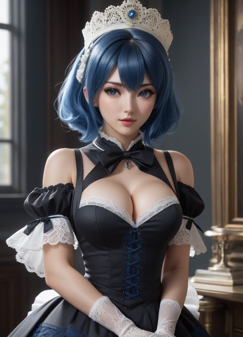  , 1 , visible through the hips, bare shoulders, black dress, blue hair, , clothes lift, unoned collar, sleeves, dress, dress lift, garter strings, hair over the eyes, lace, lace trim, raised, lips, gaze at the viewer, maid, maid headdress, voluminous s, s, (without ), nose, realistic, rem (re:zero), roswaal mansion maid uniform, short hair, , lift , solo, voluminous hips, uncensored, glossy white stockings hyperrealistic, full body, detailed clothing, highly detailed, cinematic lighting, stunningly beautiful, intricate, sharp focus, f/1. 8, 85mm, (centered image composition), (professionally color graded), ((bright soft diffused light)), volumetric fog, trending on instagram, trending on tumblr, HDR 4K, 8K