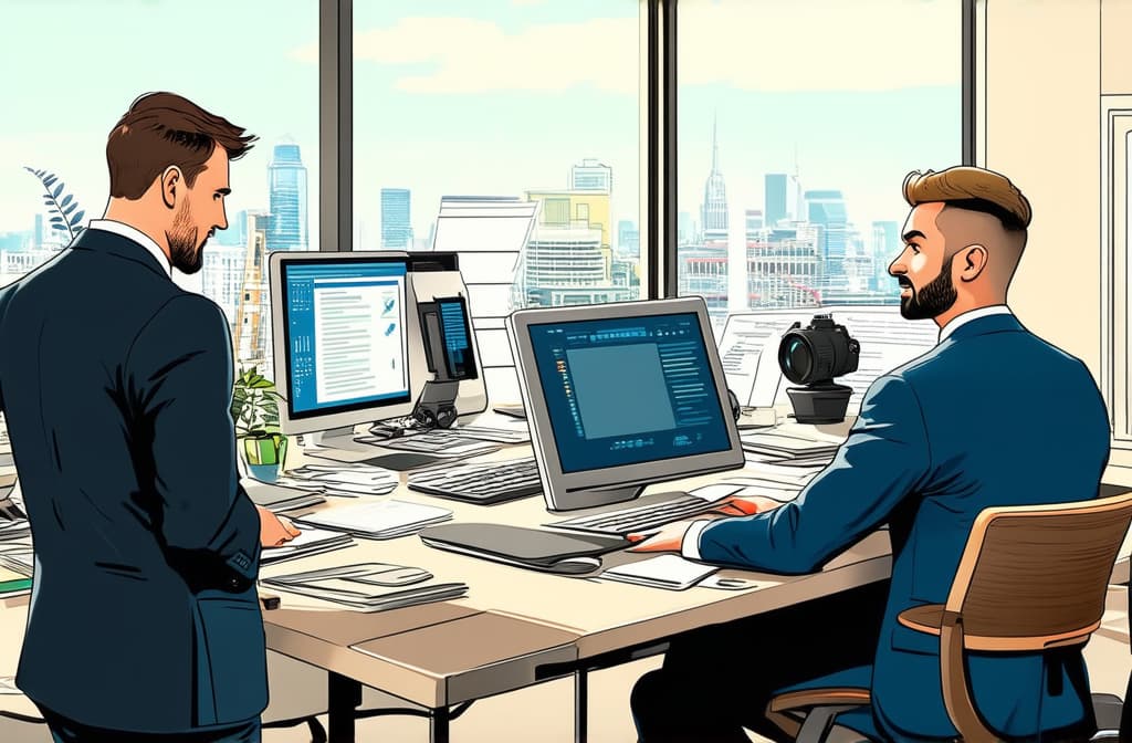  professional detailed photography, people working in office. business illustration representing busy life ar 3:2, (muted colors, dim colors, soothing tones), (vsco:0.3)