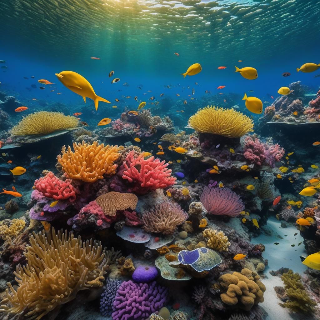  masterpiece, best quality, Most Beautiful in deep sea teeming with vibrant corals, diverse marine life, and enchanting underwater landscapes, full of corals, acrophore, small fishes, anemones, dolphin, various algaes, caves, colorful,all captured in stunning 8k resolution with intricate details.