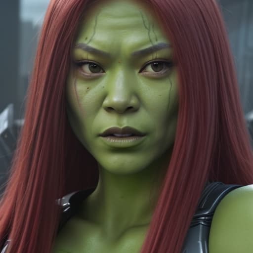  (Jennie Kim:1) a close up of a woman with red hair and green makeup, gamora, zendaya as she-hulk, zoe saldana, green skinned, in avengers movie, still from marvel movie, beautiful android woman, from guardians of the galaxy, marvel movie still, beautiful crying! android woman, she - hulk, skin painted with green, from a marvel movie, green skin