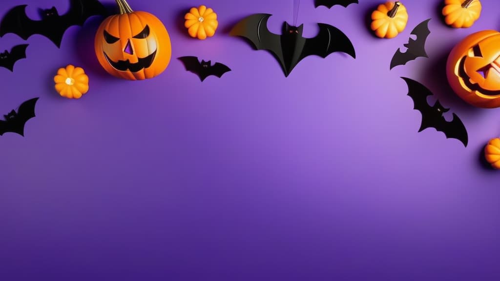  banner, top view, 2/3 free space for text, on a clean purple background on the left there are decorative bats, ghosts and pumpkins ar 16:9 high quality, detailed intricate insanely detailed, flattering light, RAW photo, photography, photorealistic, ultra detailed, depth of field, 8k resolution , detailed background, f1.4, sharpened focus