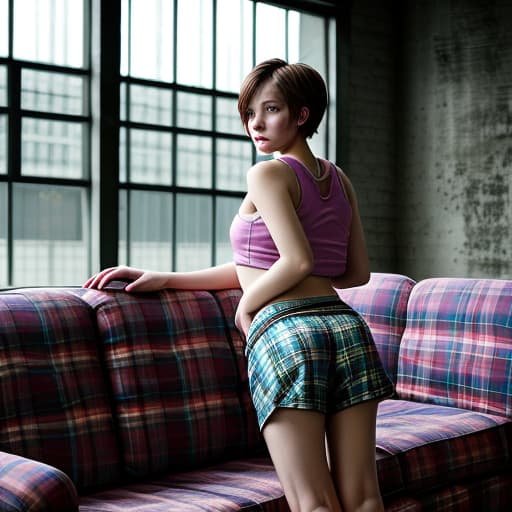  Color, Atmosphere dim, blurry back, girl short haired, in plaid boxers, lounging furniture, tank top, creepy building, bright heart logo