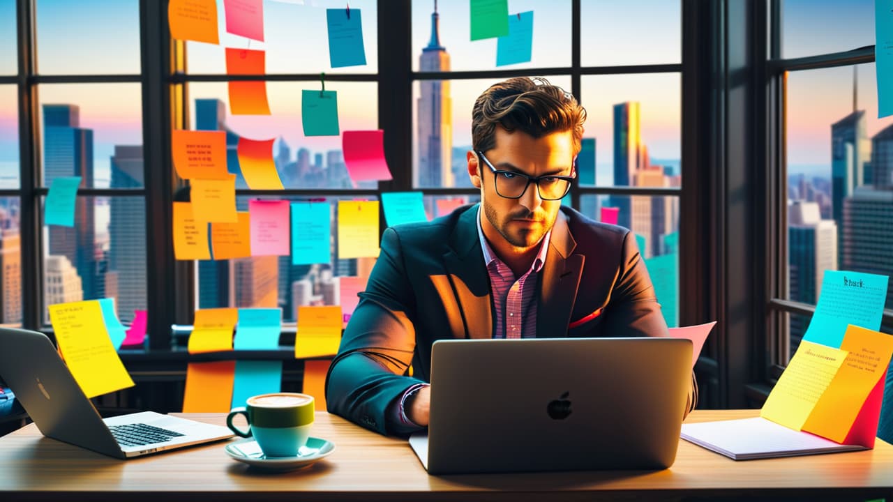  a focused young person studying stock charts on a laptop, surrounded by financial books, colorful sticky notes, and a coffee cup, with a bright window view of a bustling city skyline in the background. hyperrealistic, full body, detailed clothing, highly detailed, cinematic lighting, stunningly beautiful, intricate, sharp focus, f/1. 8, 85mm, (centered image composition), (professionally color graded), ((bright soft diffused light)), volumetric fog, trending on instagram, trending on tumblr, HDR 4K, 8K