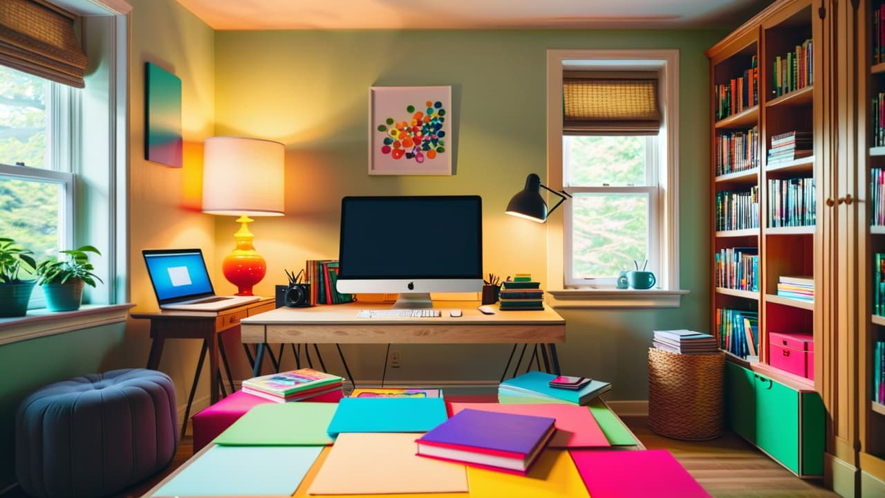  a bright, inviting home office with a laptop open to an online tutoring platform, colorful stationery scattered, a coffee mug, and a cozy chair, symbolizing a welcoming learning environment for aspiring tutors. hyperrealistic, full body, detailed clothing, highly detailed, cinematic lighting, stunningly beautiful, intricate, sharp focus, f/1. 8, 85mm, (centered image composition), (professionally color graded), ((bright soft diffused light)), volumetric fog, trending on instagram, trending on tumblr, HDR 4K, 8K