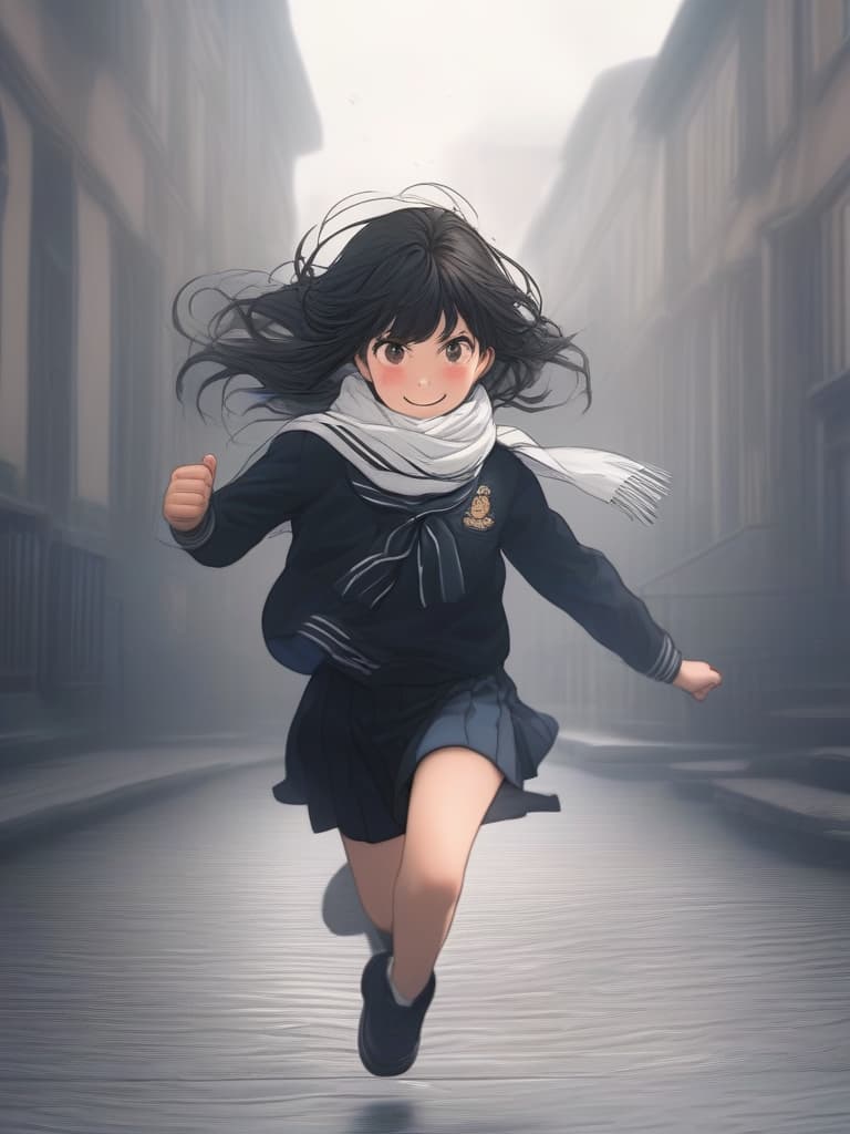  girl with black eyed black hair, black sailor suit & white scarf wear, run towards the school building, run in the schoolyard, run with a smile, masterpiece, best quality,8k,ultra detailed,high resolution,an extremely delicate and beautiful,hyper detail