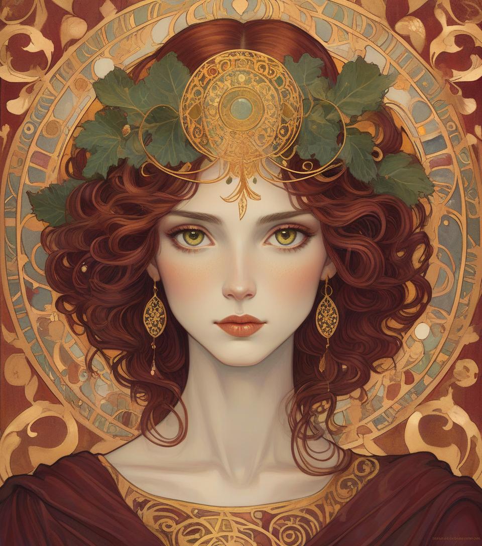  an illustration of a woman with a decorative halo, reminiscent of art nouveau style, featuring intricate patterns and gold accents. beautiful portrait. colors kale, gold, rust, burgundy, black. an illustration of a woman with hazel eyes, a decorative metallic gold halo, reminiscent of art nouveau style, featuring intricate patterns and gilded accents, created in the detailed painting technique reminiscent of the style of gustav klimt's work.