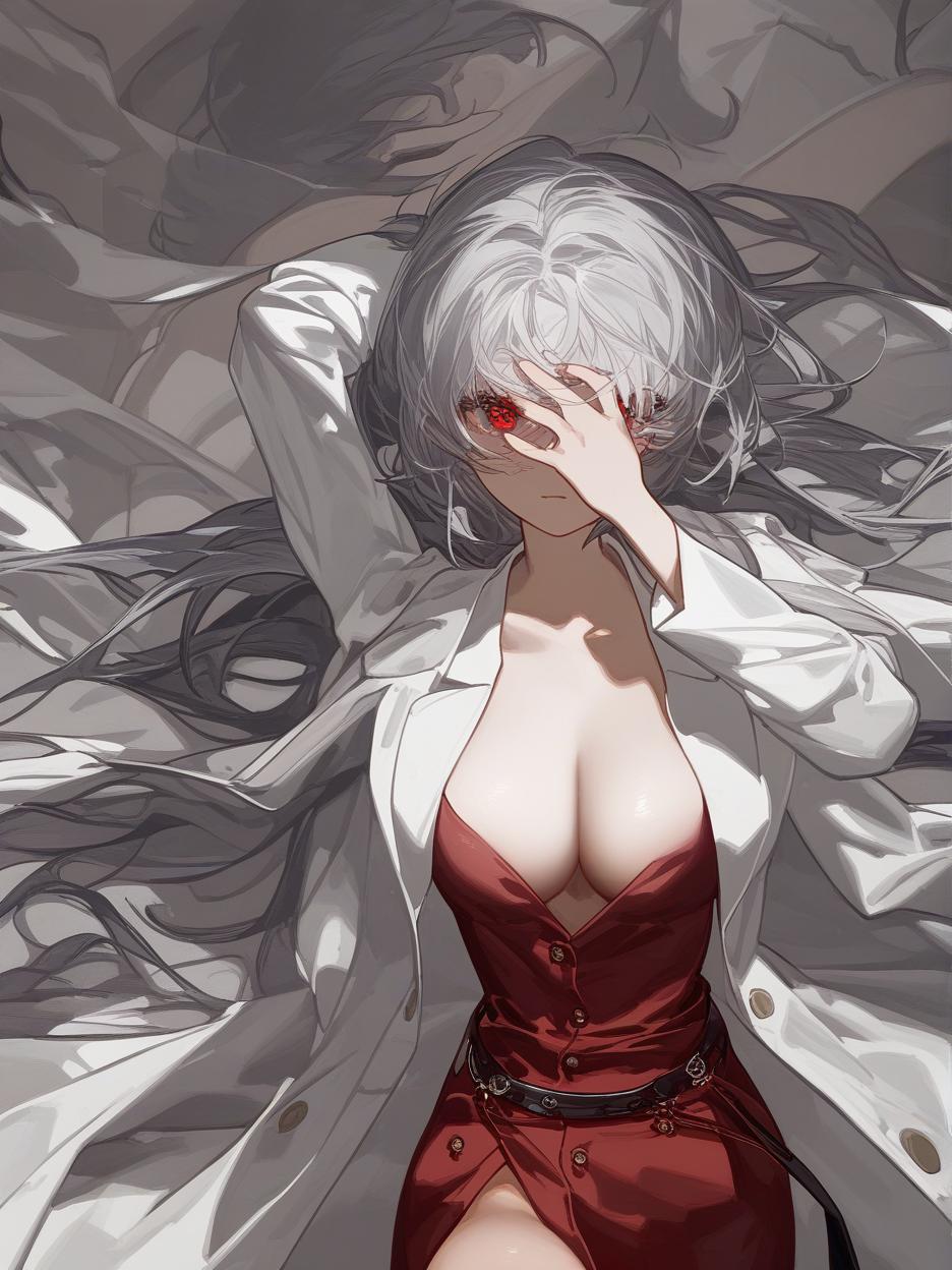  create for me a character with anime manga art. a woman with long, frayed silver hair, which even covers her face. she has deep, lifeless red eyes resembling wine. she wears dark dress pants. a red dress shirt with buttons on its front seam, two thin belts under its bust. a light gray lab coat on the shoulders. she walks around with two katanas around her waist. . best quality, high resolution