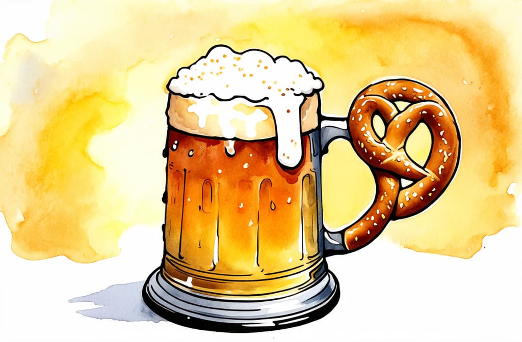  artwork traditional oktoberfest stein filled with frothy beer accompanied by a salted pretzel captures munichs festive october mood ar 3:2, watercolor techniques, featuring fluid colors, subtle gradients, transparency associated with watercolor art