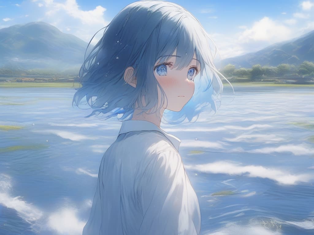  white shirt, blue hair short, black skirt, blue eyes, girls, water, small white corners, girls, crying alone, short hair, under blue sky, masterpiece, best quality,8k,ultra detailed,high resolution,an extremely delicate and beautiful,hyper detail