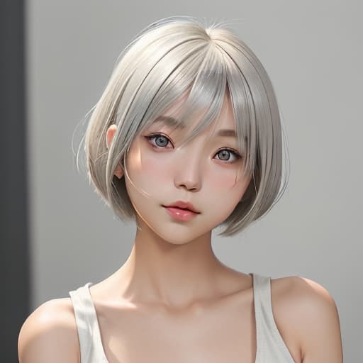  cute japanese girl face, cute short hair, light blonde and silver bob cut hairstyle, black sleeveless top, delicate makeup, cool style, natural lighting, photo realistic in the style of realistic.