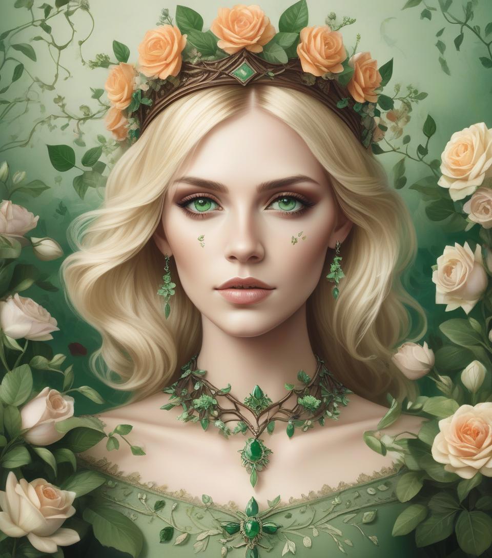  (photorealism:1.2), beautiful blonde woman in a victorian style dress, green on top and brown on the bottom, with beautiful flowers on top and vines around it, a jade green necklace and a crown of beautiful flowers and thorns, with makeup inspired by nature