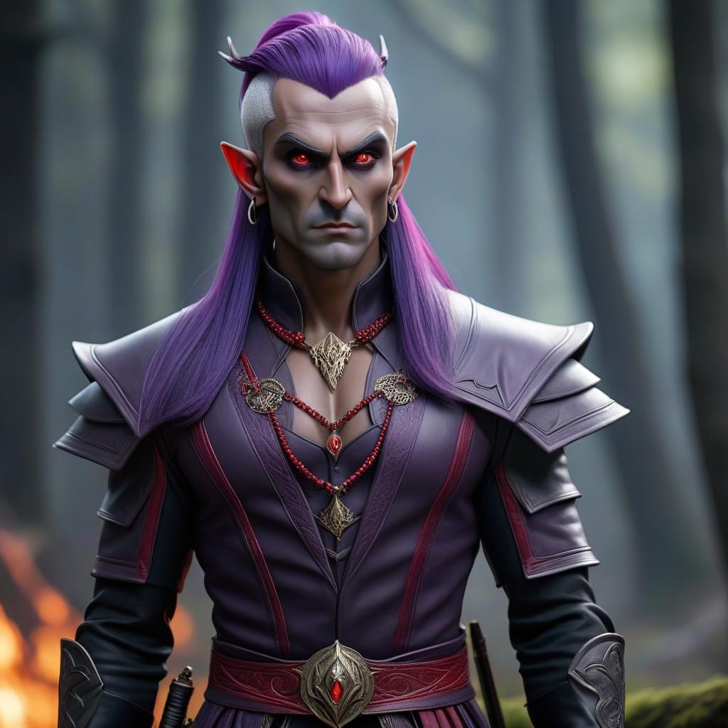  dark elf man serious leather purple hair red eyes of rich clothes hyperrealistic, full body, detailed clothing, highly detailed, cinematic lighting, stunningly beautiful, intricate, sharp focus, f/1. 8, 85mm, (centered image composition), (professionally color graded), ((bright soft diffused light)), volumetric fog, trending on instagram, trending on tumblr, HDR 4K, 8K