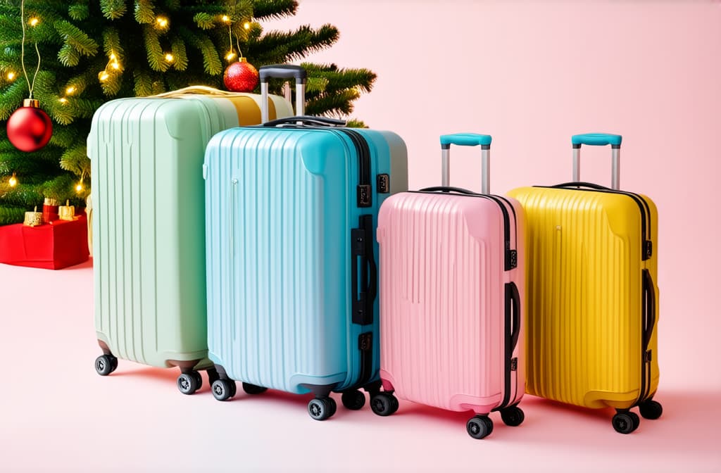  professional detailed photography, illustration of pastel colored suitcases on plain background packed for winter holidays travel, christmas tree and lights ar 3:2, (muted colors, dim colors, soothing tones), (vsco:0.3)