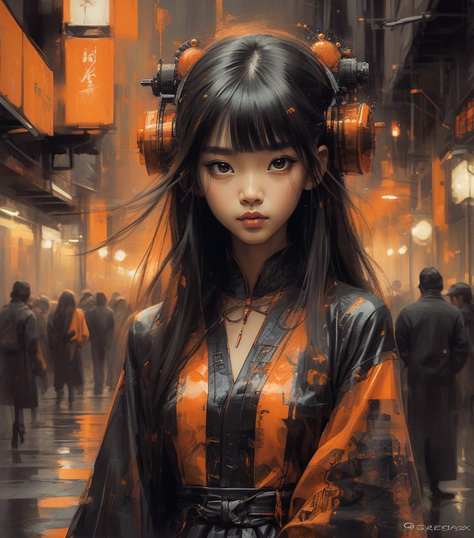  young asian girl, black orange outfit, stylized blender aesthetic, fantastic and surreal composition, digital watercolor wax style and wash intricate watermark images, meticulous craftsmanship infinite artistic style, stunning night vision visually dark influence artistic technologies splash style finely artistic works , combining the styles of michael garmash, martin ansin, brian froud, luis royo, greg rutkowsky, premium effects hire art,