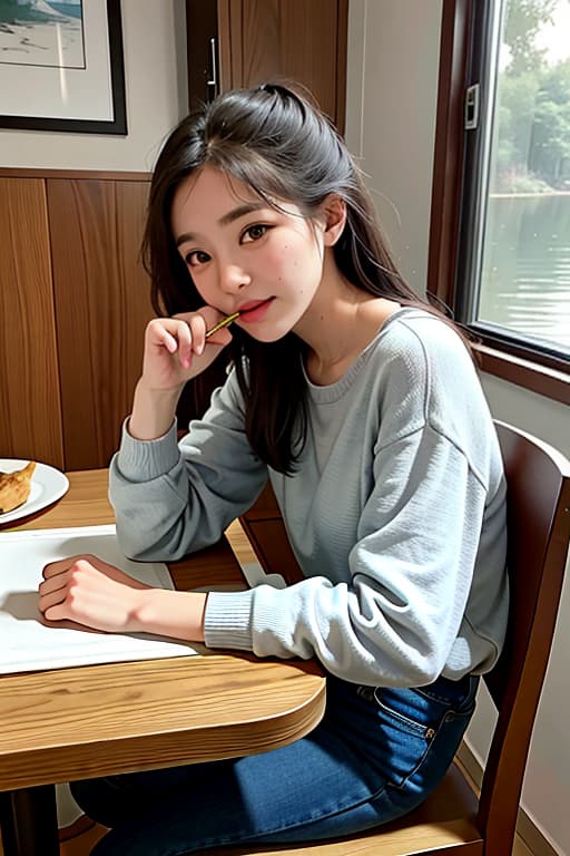  the young is eating dinner with her family in the small house near the lake., advertising photo,high quality, good proportion, masterpiece , the image is captured with an 8k camera