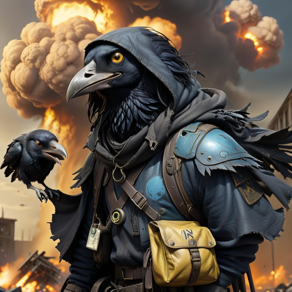  dystopian style black with blue tint avian humanoid race with raven head alchemist, torn cape, mischievous yellow eyes, smiling, rags and leather cloak with lots of pockets, big backpack with pockets, nuclear explosions and detonation blasts . bleak, post apocalyptic, somber, dramatic, highly detailed, civitai