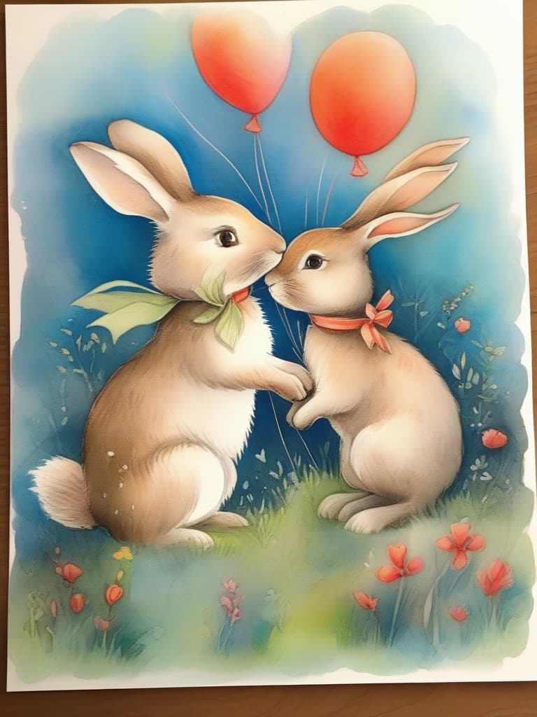  masterpiece,(((two wild rabbits))),lovers,big red balloon🎈,carrots,smiles,good friends,fairy tale style,crayon drawing,gentle colors,delicate,detailed,