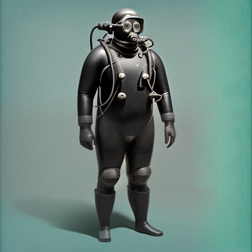  a man in a huge, old underwater diving suit, full length, in a helmet, stands straight, arms shoulder width apart. image diagram.