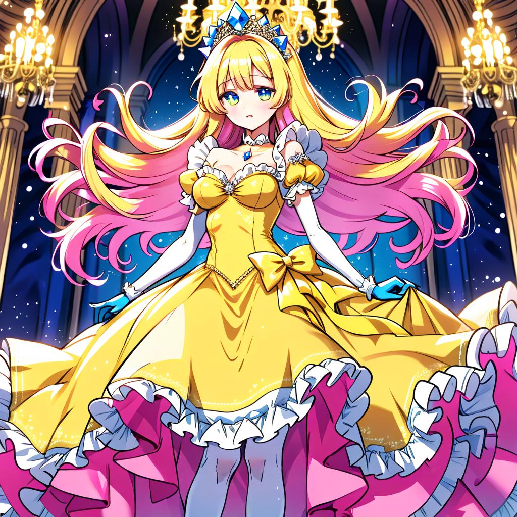  manga artwork yellow, pink and blue big poofy princess dress, ball gown, frills, ruffles, bows, idol dress, magical style, long white opera gloves, long yellow opera gloves, giant s, sparkly tiara, fancy necklace, long floor length veil covering her hair and back, shining intense blue eyes, very long ankle length bright pink hair with long bangs. manga artist. manga, highly emotional. best quality, high resolution