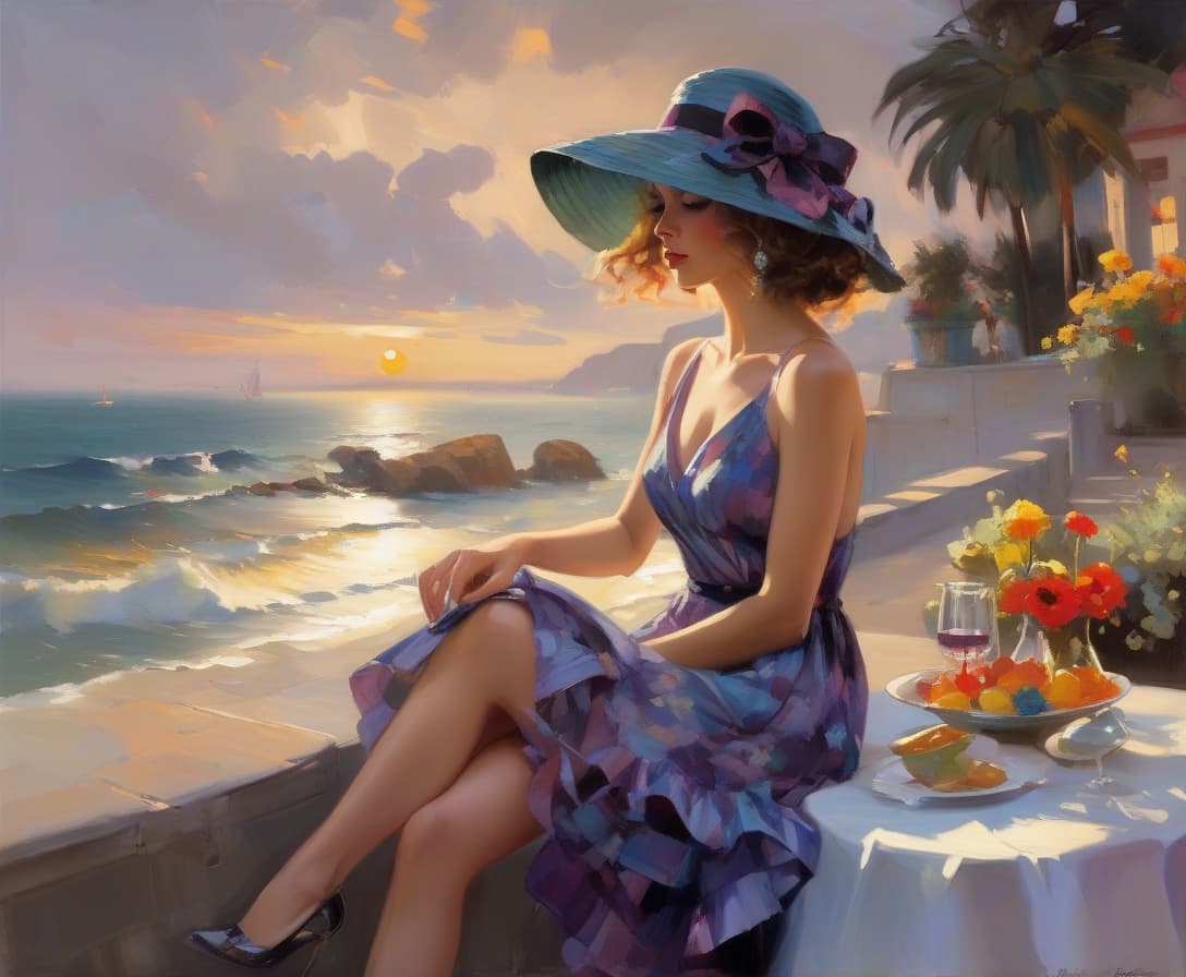  landscapes sunset by konstantin razumov and mikhail garmash and volegov, modern woman embankment by the sea, embankment by the sea, street cafe, a girl in a beautiful bright summer dress sits with her back to us, very short haircut, a beautiful beach hat with large sides on her head, a cocktail on the table,, the sea in the distance, photo realism, full length seascape painting depicting a dark night scene on a stormy sea by volegov:40 konstantin razumov :40 mikhail garmash:20 styles of by thomas moran and claude monet peter wileman, keith negley, and martin ansin, seascapes, sea, sunrise, mikhail garmash, louis jover, victor cheleg, damien hirst, claude joseph vernet,blending styles of peter wileman, keith negley, and martin ansin impres