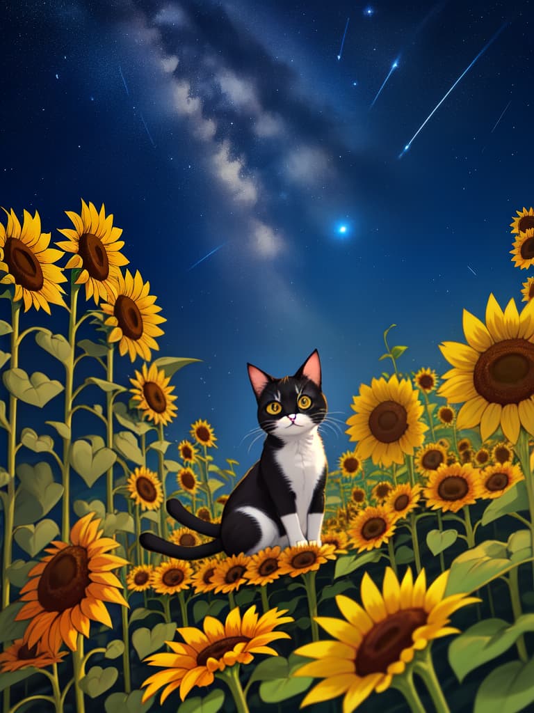  1cat，small cat ，sit and look up，sunflower flower facing upward ，sunflower field ，shooting star ，（（low angle）），midnight，night，