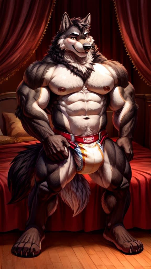   wolf with big muscles, prominent abs, and a large knotted wearing a diaper