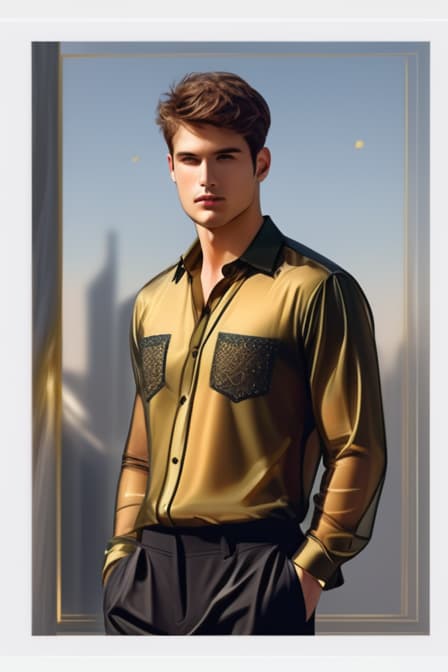  concept art fashion illustration, man full figure wearing transparent shirt and soft pants, with pockets and embroidery in gold. digital artwork, illustrative, painterly, matte painting, highly detailed