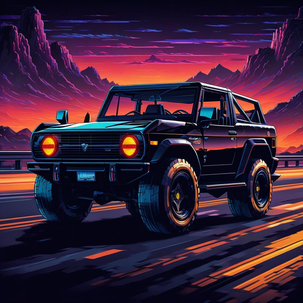  retro game art black, brutal lamborghini ford bronco at night on the highway . 16 bit, vibrant colors, pixelated, nostalgic, charming, fun