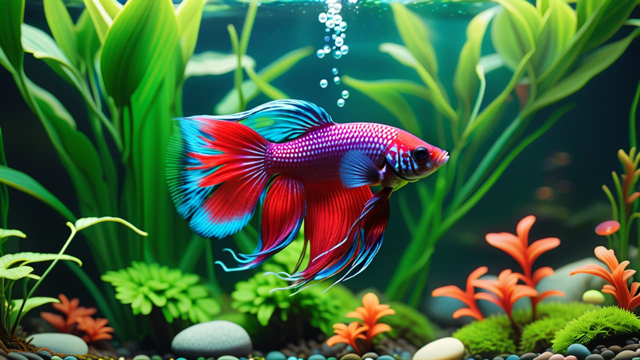  a serene aquarium scene showcasing a vibrant betta fish gracefully swimming among lush green plants, colorful pebbles, and shimmering bubbles, creating a calming atmosphere that highlights the connection between fishkeeping and mental well being. hyperrealistic, full body, detailed clothing, highly detailed, cinematic lighting, stunningly beautiful, intricate, sharp focus, f/1. 8, 85mm, (centered image composition), (professionally color graded), ((bright soft diffused light)), volumetric fog, trending on instagram, trending on tumblr, HDR 4K, 8K