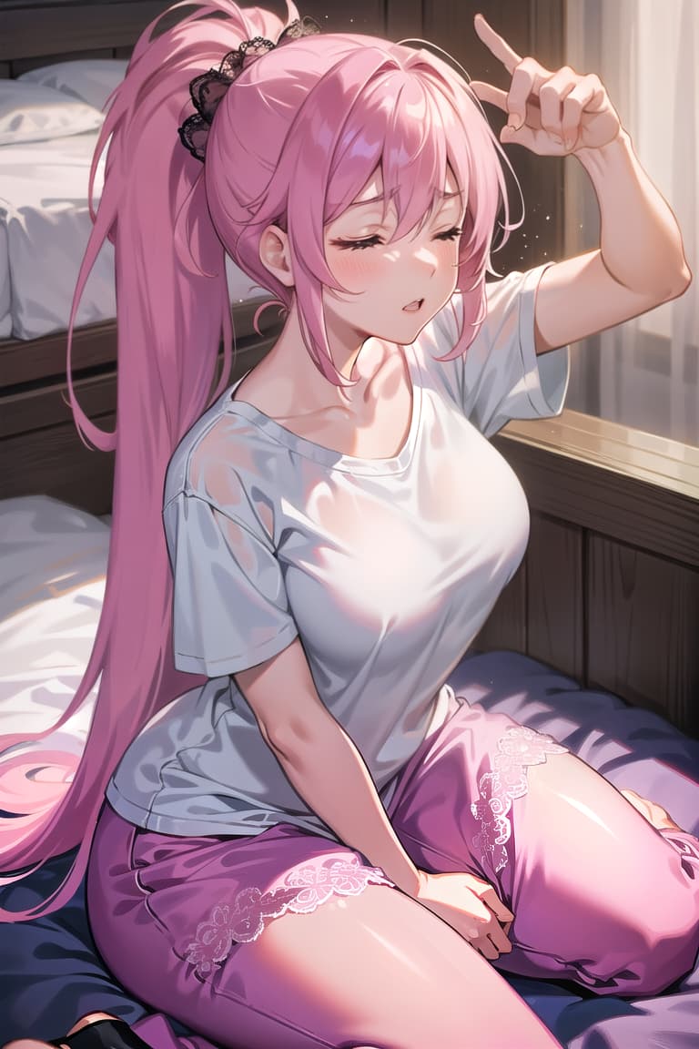  r 18, , middle , pink haired ,ponytail,large eyes,t shirts, pants, A woman, in a state of , sits on the edge of her bed, ing her legs slightly apart. Her expression is one of pure ecstasy, eyes closed, head tilted back, a soft moan escaping her lips. She wears black lace , her right hand boldly caressing herself, fingers exploring ly, while her left hand cups her full , thumb gently brushing the sensitive peak. The camera captures the raw pion and , focusing on her hands and the delicate lace that barely contains her curves.