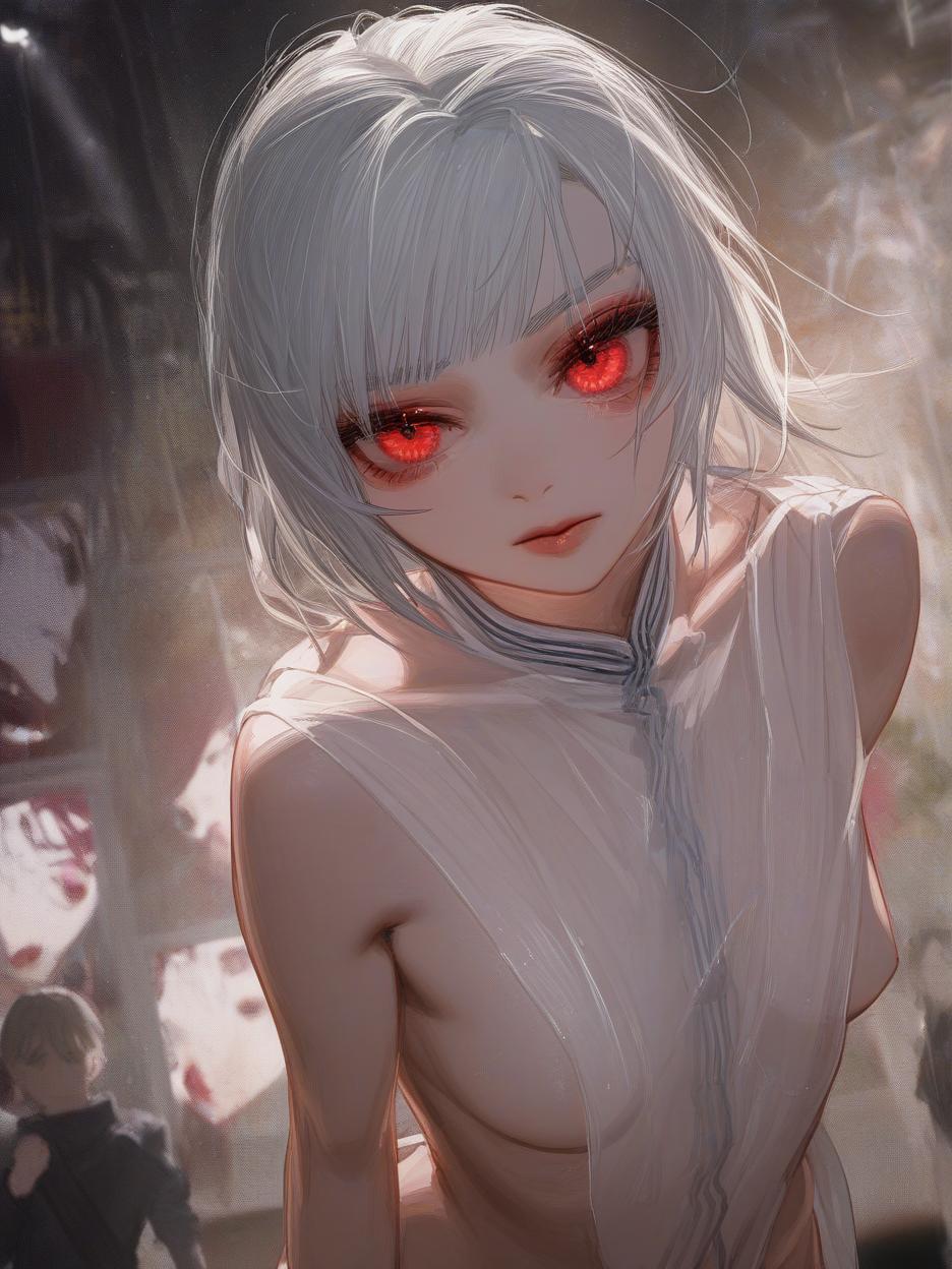  anime art, satoru gojo, jujutsu kaisen, woman version, beautiful woman with large length white hair, red galaxy eyes, revealing his deep red eyes, staring at the spectators. training room background, hyper realistic atmospheres, details, 8k . best quality, high resolution