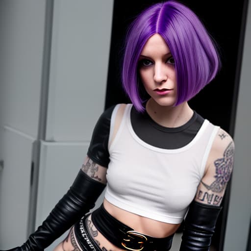  girl with purple hair, bob haircut. white top, tattoos on hands, half gloves. black shorts, knee high boots. rocker, agent