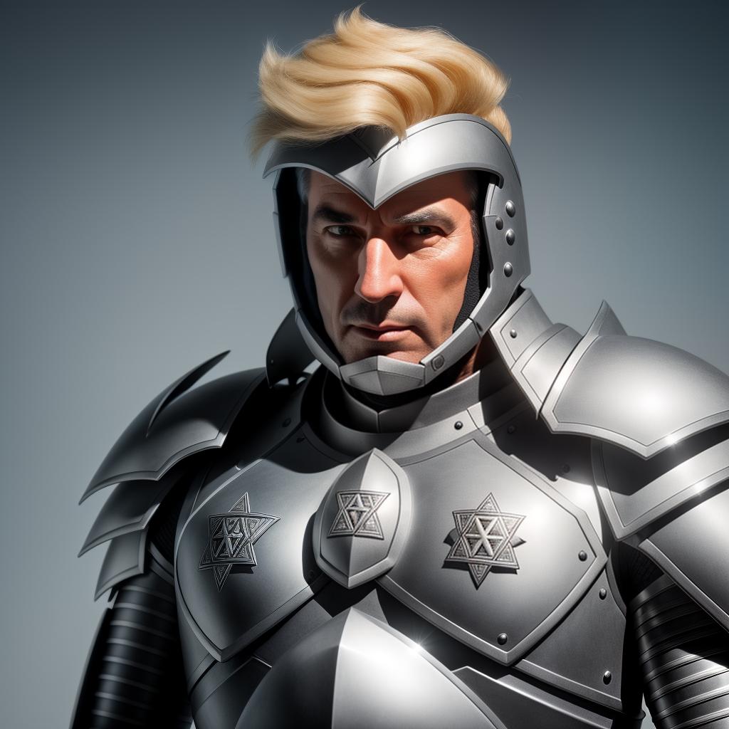  Trump in Knight Armor with a Star Of David, (high detailed skin:1.2), 8k uhd, dslr, soft lighting, high quality, film grain, Fujifilm XT3 hyperrealistic, full body, detailed clothing, highly detailed, cinematic lighting, stunningly beautiful, intricate, sharp focus, f/1. 8, 85mm, (centered image composition), (professionally color graded), ((bright soft diffused light)), volumetric fog, trending on instagram, trending on tumblr, HDR 4K, 8K