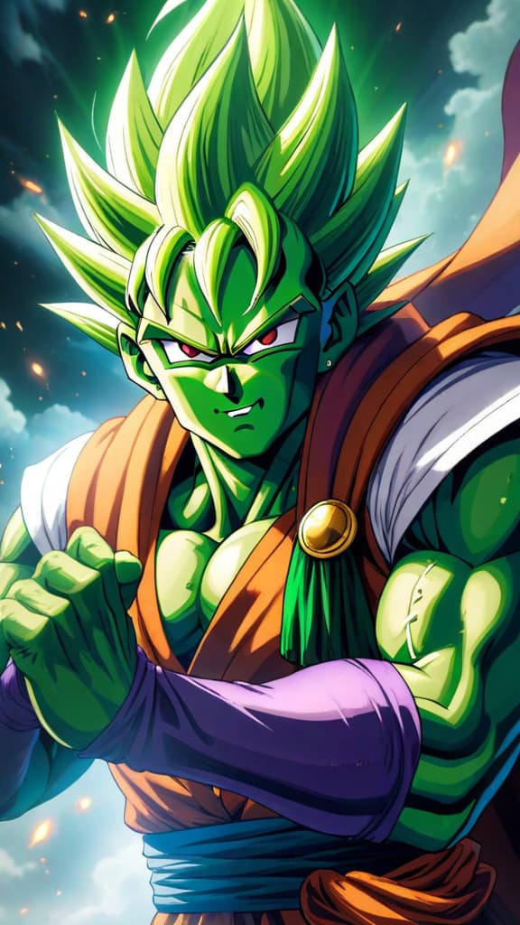  anime art: piccolo fusing with powerful namekians, reaching strength surpassing goku's super saiyan forms. hyperrealistic, full body, detailed clothing, highly detailed, cinematic lighting, stunningly beautiful, intricate, sharp focus, f/1. 8, 85mm, (centered image composition), (professionally color graded), ((bright soft diffused light)), volumetric fog, trending on instagram, trending on tumblr, HDR 4K, 8K