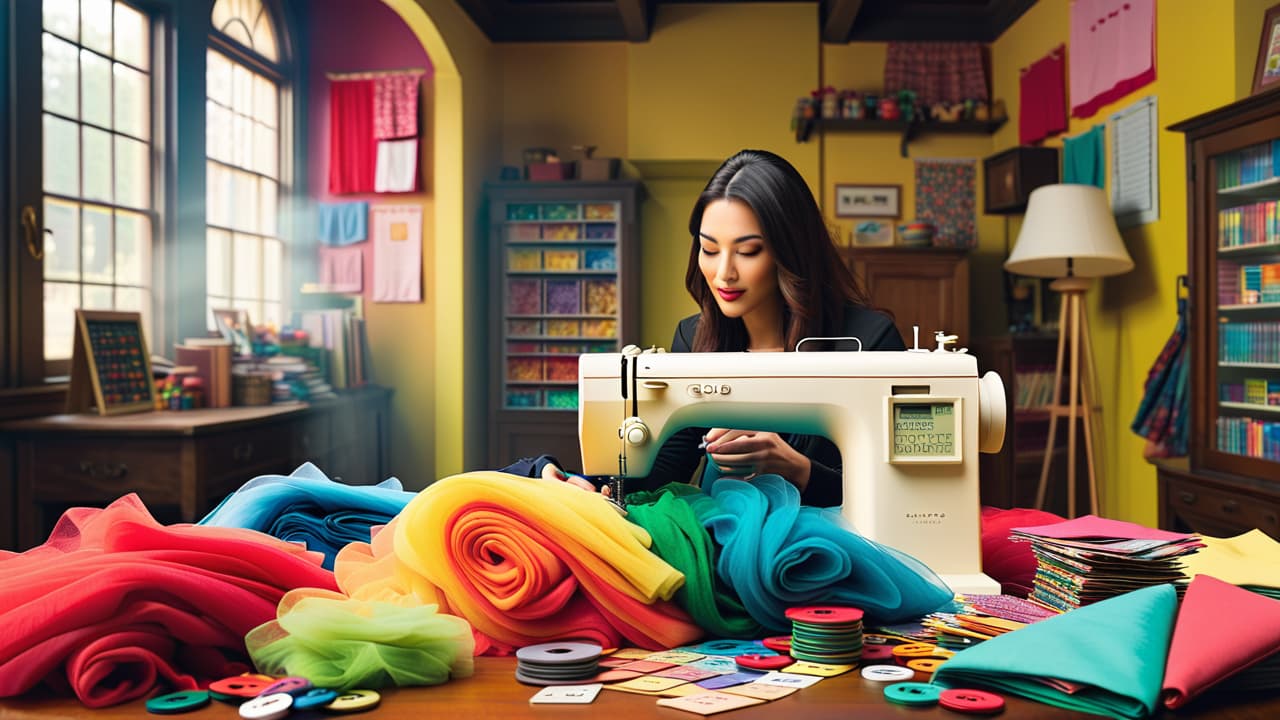  a whimsical scene featuring a vibrant craft table overflowing with colorful fabric, sewing supplies, and various costume accessories. a person is sewing a costume, surrounded by price tags and a calculator, evoking creativity and budgeting. hyperrealistic, full body, detailed clothing, highly detailed, cinematic lighting, stunningly beautiful, intricate, sharp focus, f/1. 8, 85mm, (centered image composition), (professionally color graded), ((bright soft diffused light)), volumetric fog, trending on instagram, trending on tumblr, HDR 4K, 8K